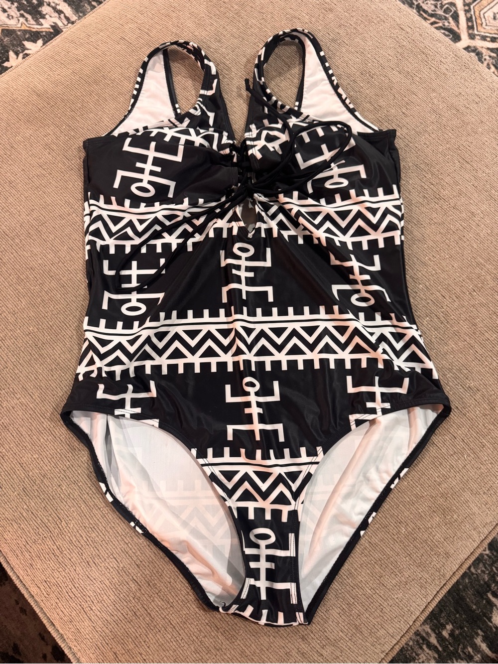 Black Geo-Print One-Piece Swimsuit with Front Twist